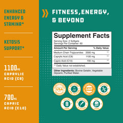 Pouring Natures Craft C8 MCT softgels showing convenient capsules for on-the-go fueling.