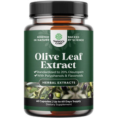 Natures Craft cápsulas de hoja de olivo con oleuropeína 20% en bote, antioxidante conveniente.
