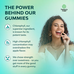 Natures Craft Chlorophyll Gummies showcases skin clarity imagery and freshness