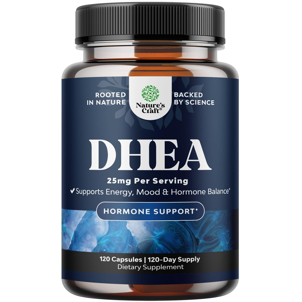Natures Craft DHEA 25mg capsules close-up for hormone support and energy.