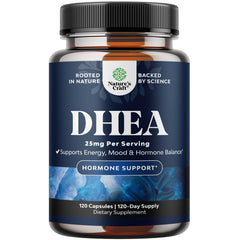Natures Craft DHEA 25mg capsules close-up for hormone support and energy.