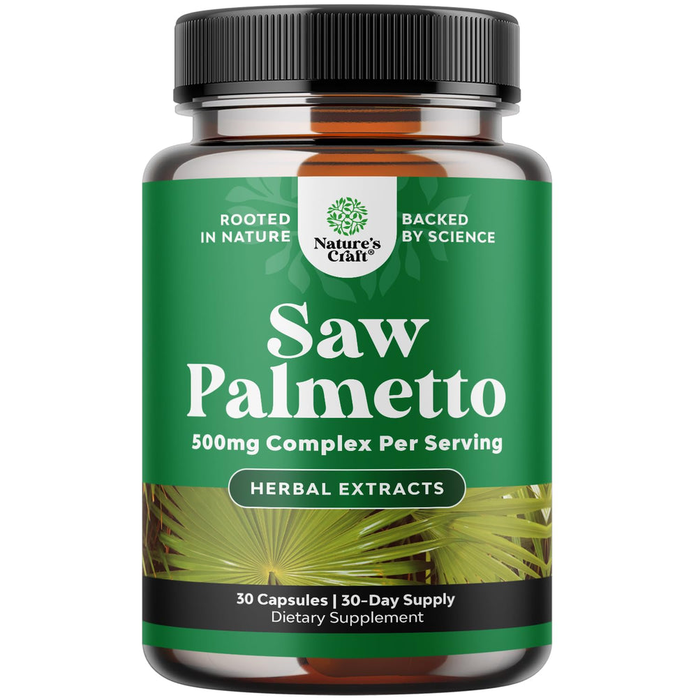 Nature's Craft extra-strength Saw Palmetto bottle highlights 500mg support for urinary health.
