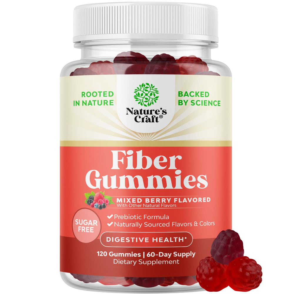 Natures Craft Fiber Gummies bottle front with sugar-free vegan digestive support emphasis