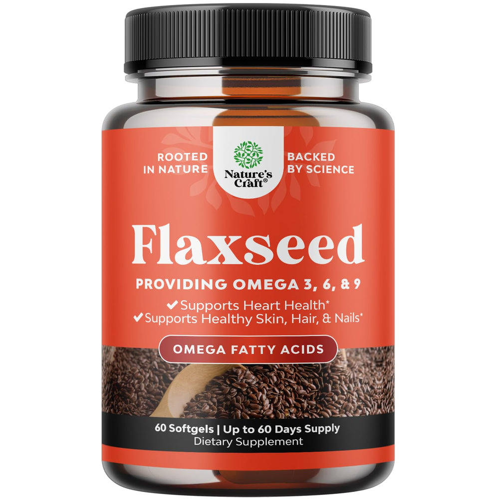 Natures Craft flaxseed oil softgels bottle on shelf suggesting heart health support