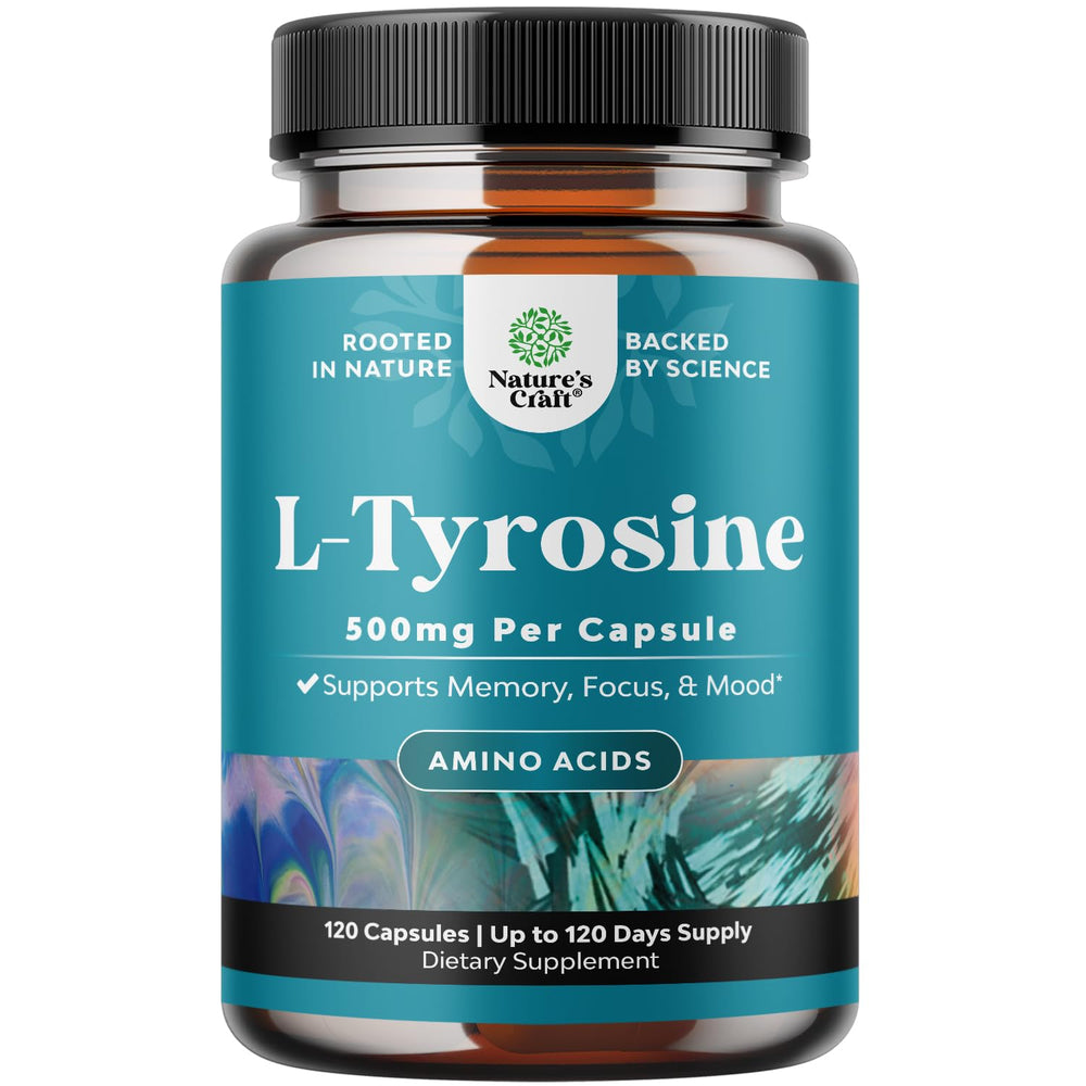 Natures Craft Free Form L Tyrosine 500mg capsules in bottle for daily focus support.