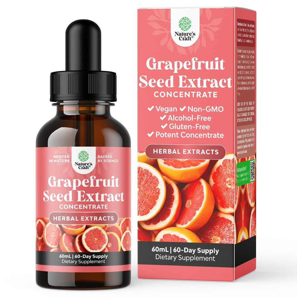 Natures Craft GSE grapefruit seed extract bottle on clean surface, showing potency and daily use.