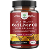 Natures Craft Icelandic cod liver oil bottle with burpless softgels for daily heart support.