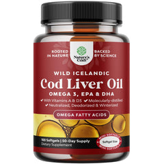 Natures Craft Icelandic cod liver oil bottle with burpless softgels for daily heart support.