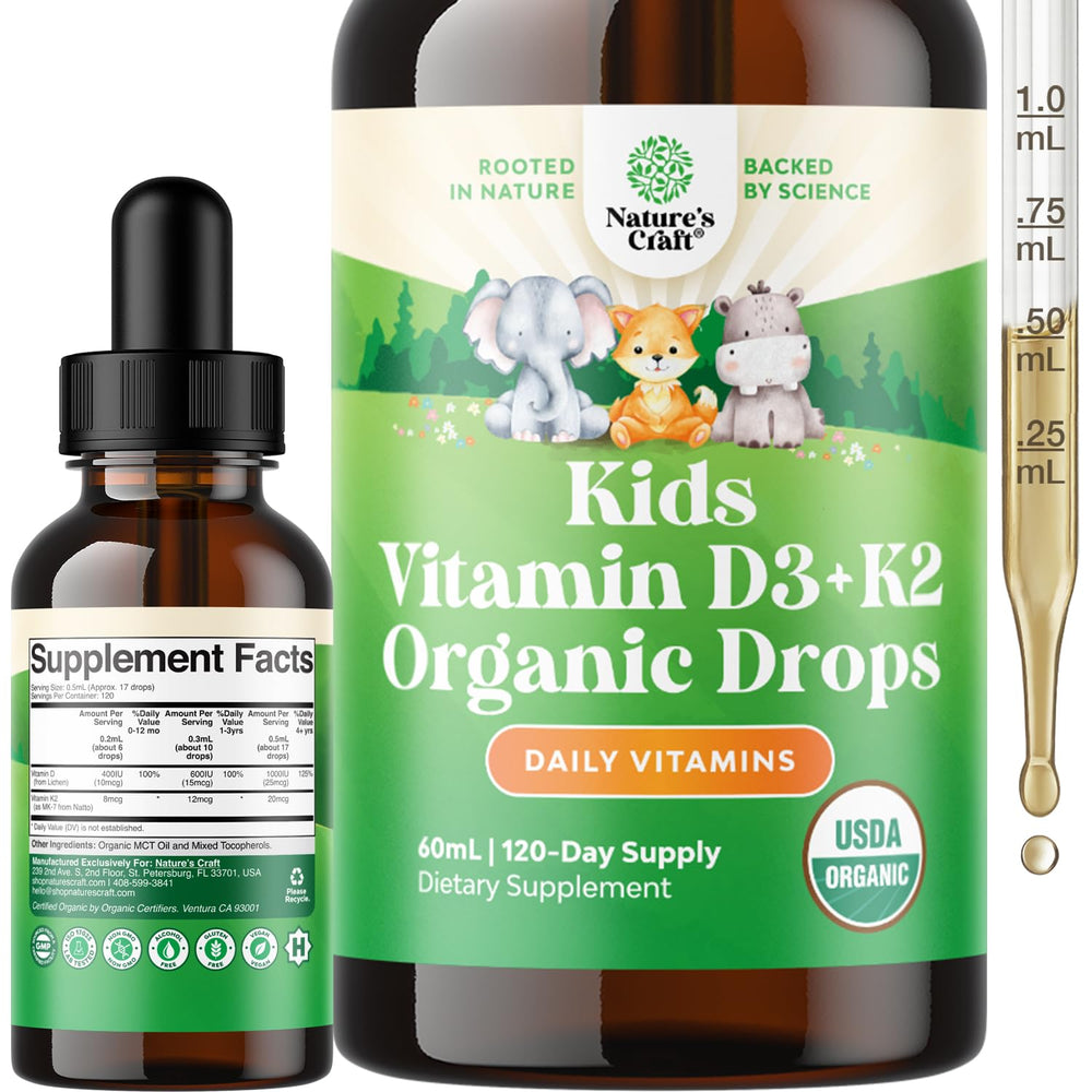 Natures Craft Kids D3 K2 Drops bottle pour for easy daily dosing and bone support
