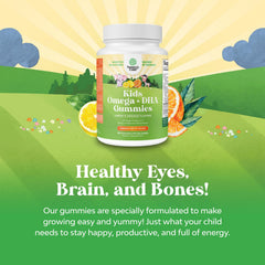 Natures Craft Omega DHA Gummies for Kids bottle side emphasizes plant-based, gelatin-free formula.