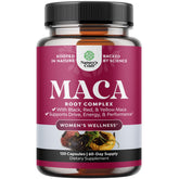 Natures Craft organic maca root capsules for women in bottle, supporting daily energy balance.