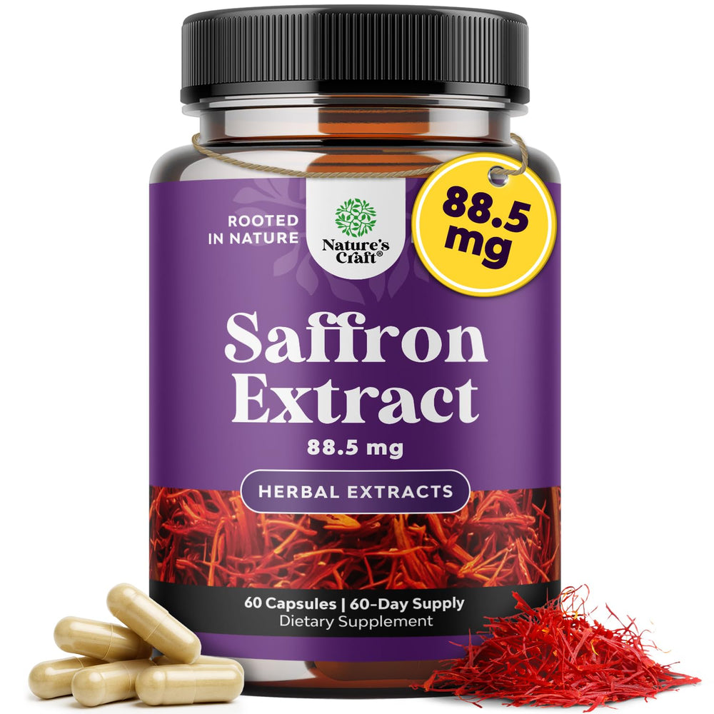 Nature's Craft saffron capsules bottle highlighting mood support and daily wellness.