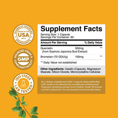 Natures Craft quercetin bromelain capsules closeup highlighting 500 mg potency.