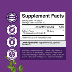 Nature's Craft saffron capsules closeup emphasizes potent saffron compounds for calm focus.