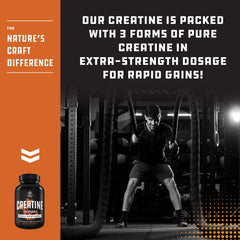 Natures Craft Tri-Phase Creatine Tablets arranged on a workout mat