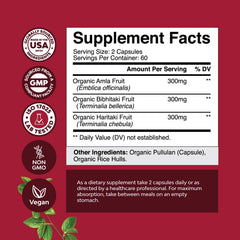 Natures Craft Triphala bottle pour showing easy-to-take capsules for daily wellness