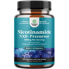 Natures Craft Vitamin B3 Niacinamide 500mg bottle highlights flush-free capsules for skin support.