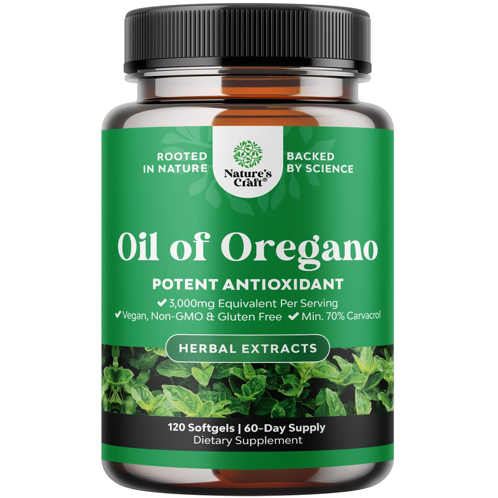 Natures Craft Wild Oregano Oil Softgels bottle for digestive wellness.