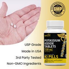 Nature's Fusions potassium iodide tablets close-up, USP-grade purity from raw crystals.