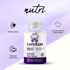 Close-up of LupuEase label highlighting turmeric and omega-3 contents