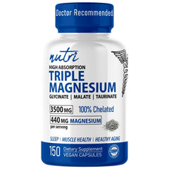 Nature's Fusions Nutri Triple Magnesium bottle label shows 100% chelated magnesium for absorption
