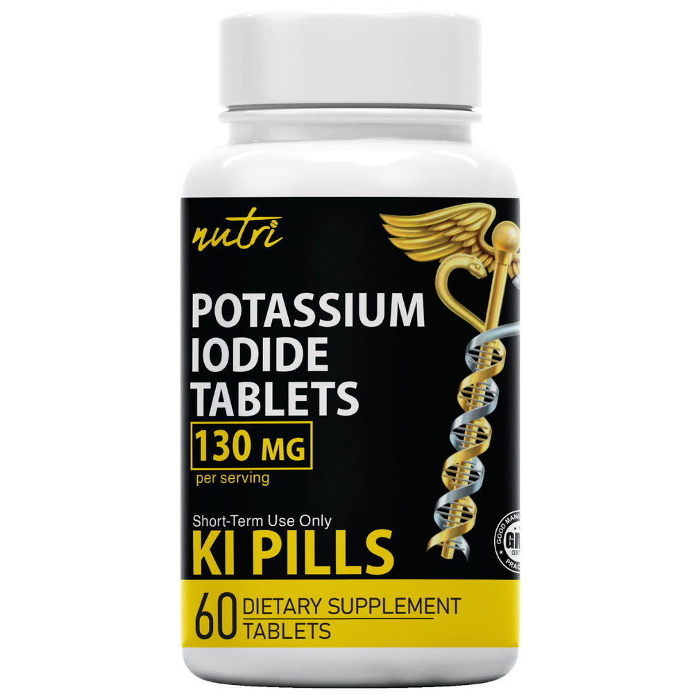 Nature's Fusions potassium iodide tablets 130 mg bottle front view for easy dosing.