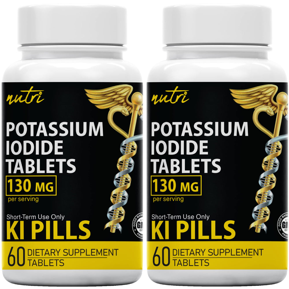 Nature's Fusions potassium iodide tablets bottle close-up, perfect for emergency preparedness and family safety.