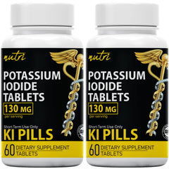 Nature's Fusions potassium iodide tablets bottle close-up, perfect for emergency preparedness and family safety.