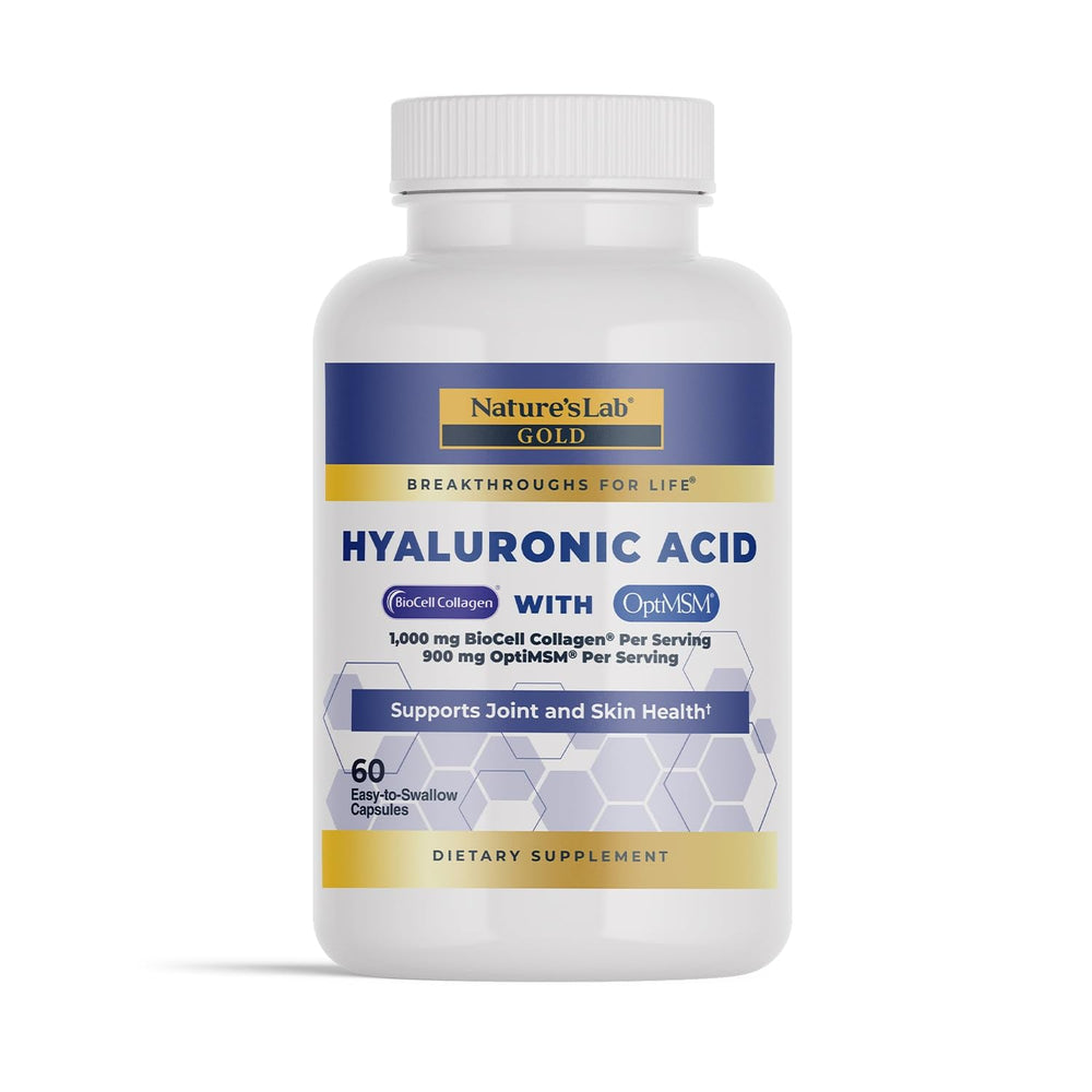 Nature's Lab Hyaluronic Acid with Biocell Collagen and MSM bottle highlighting joint support and hydration
