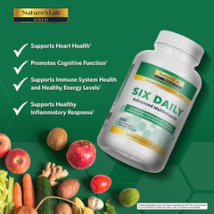 Nature's Lab Six Daily Capsules closeup highlighting 90 nutrients for overall wellness