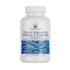 Nature's Lab Omega-3 bottle label highlights EPA and DHA for healthy fatty acid balance.