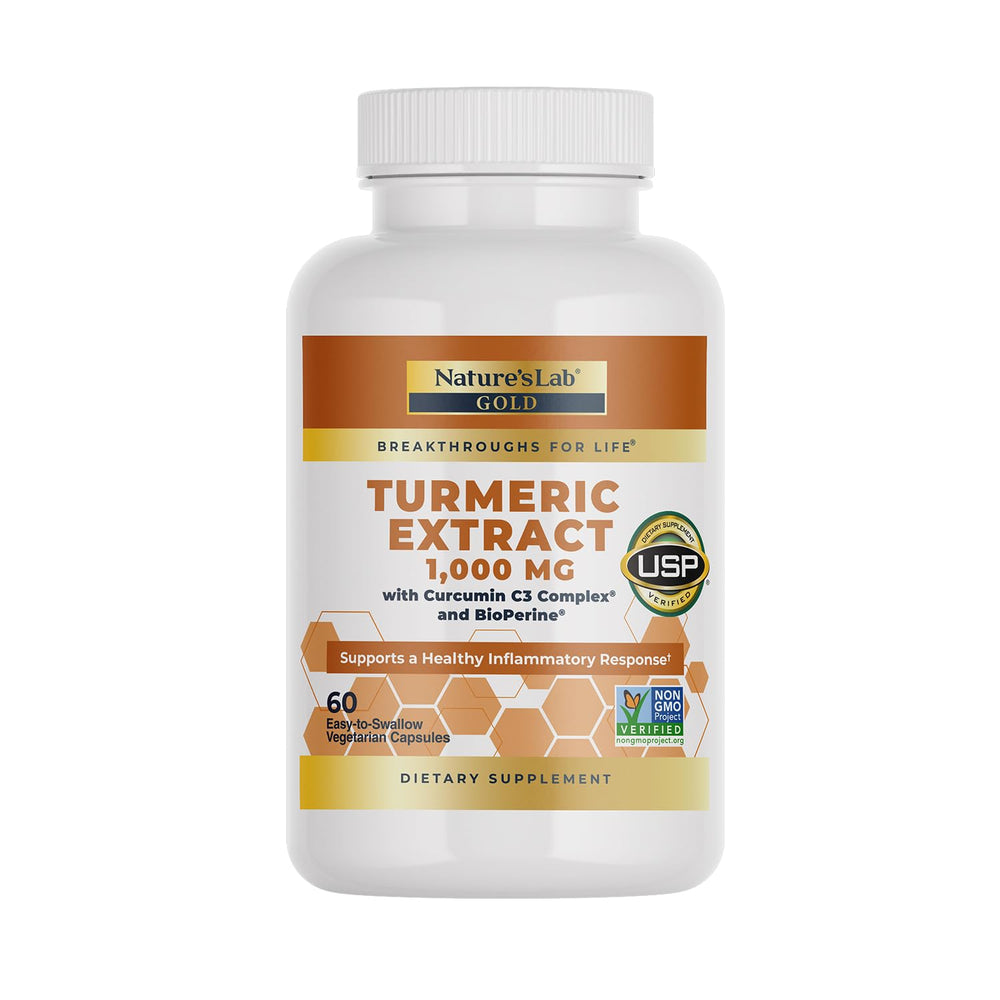 Nature's Lab Turmeric Extract cápsulas en botella, posible apoyo al bienestar general.