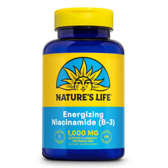 Nature's Life Energizing Niacinamide bottle with high-potency B3 tablets for daily energy.