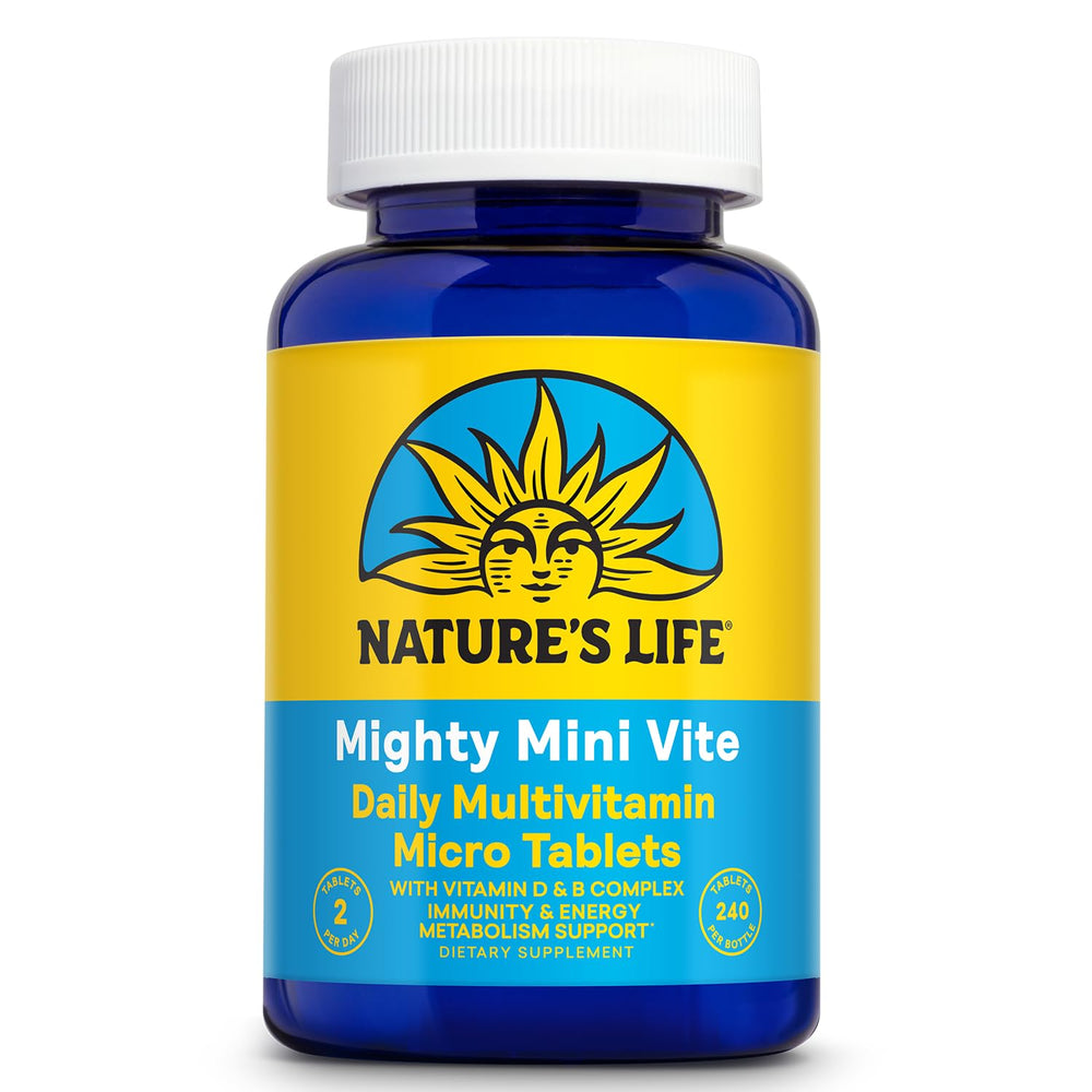 Nature's Life Mighty Mini Vite bottle-front shows a compact daily multivitamin for adults.
