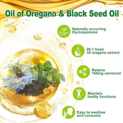 Close-up of Nature's live 2 in 1 oregano oil softgels.