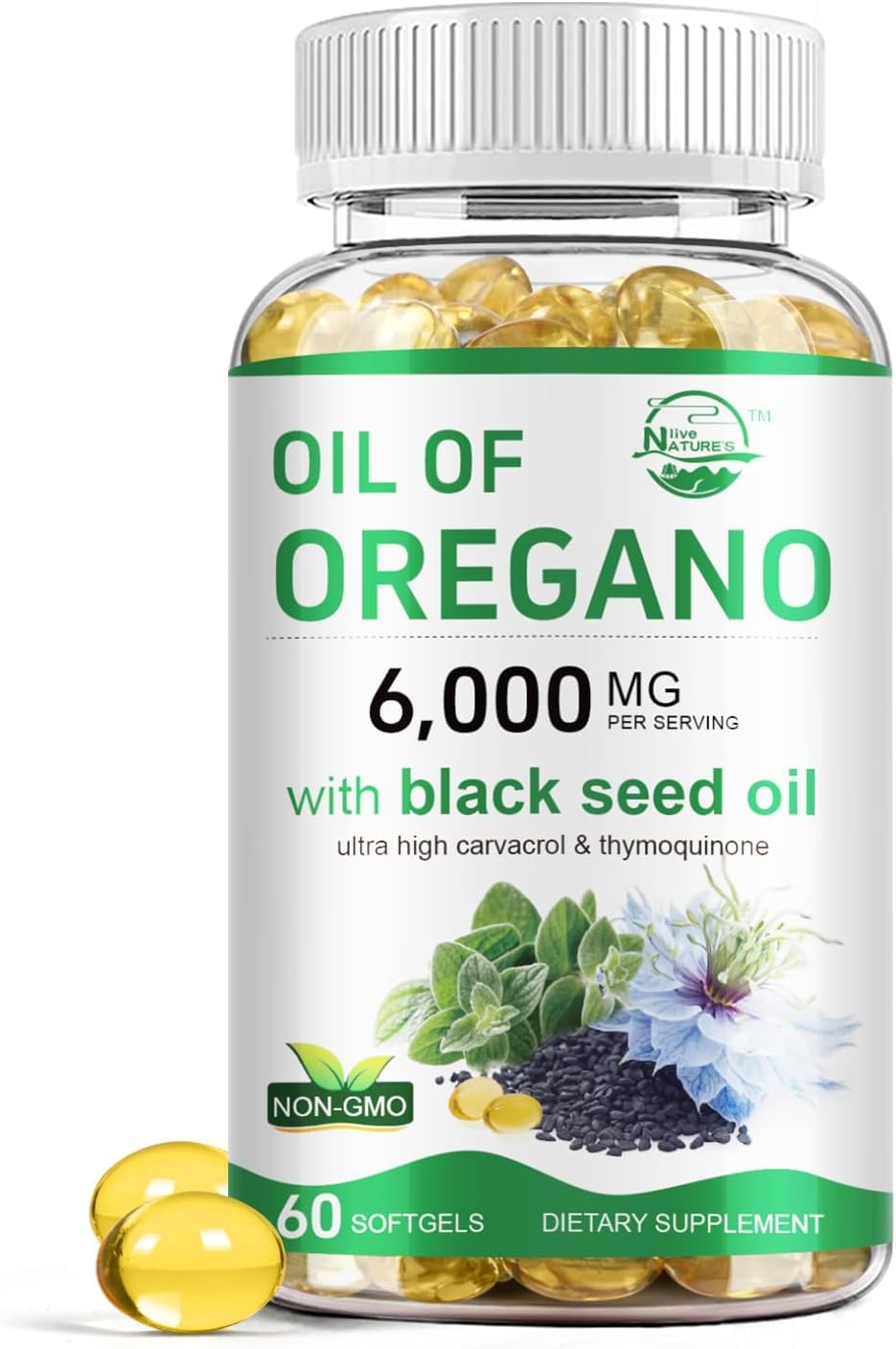 Nature's live Oil of Oregano with Black Seed Softgels bottle for immune support.