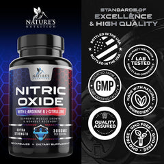 Nature's Nutrition Nitric Oxide Booster bottle on gym towel ready for pre-workout.