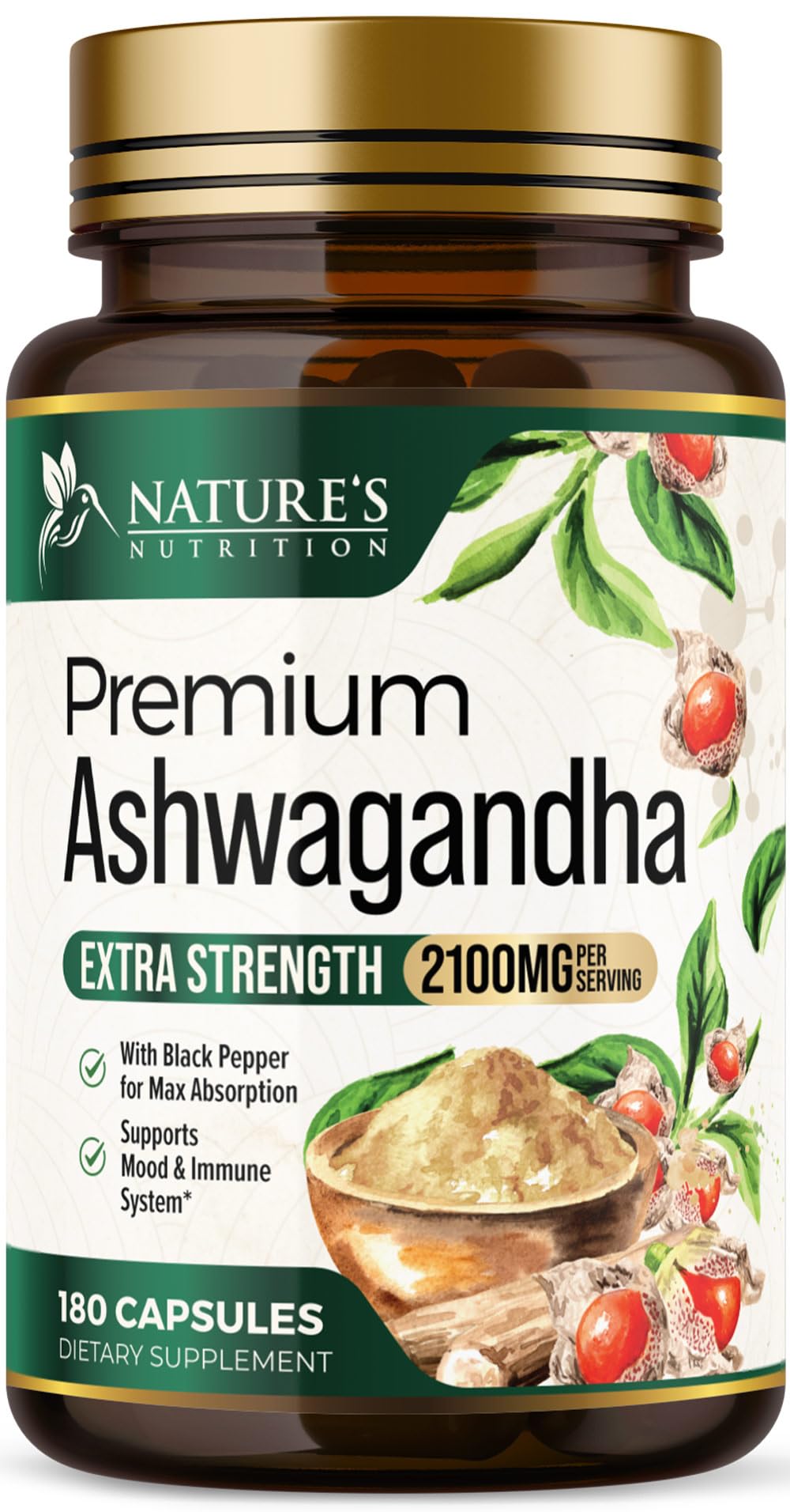 Nature's Nutrition Ashwagandha capsules bottle close-up highlighting 2100mg strength for daily calm support