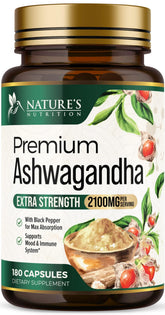 Nature's Nutrition Ashwagandha capsules bottle close-up highlighting 2100mg strength for daily calm support