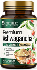 Nature's Nutrition Ashwagandha capsules bottle close-up highlighting 2100mg strength for daily calm support