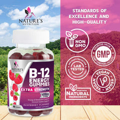 Nature's Nutrition B12 Energy Gummies gummy texture closeup, chewy and tasty.