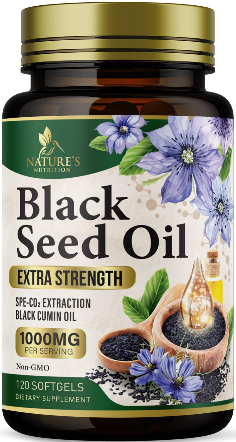 Nature's Nutrition black seed oil softgels bottle—1000mg per serving for daily wellness.