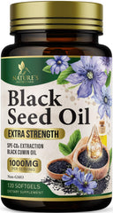 Nature's Nutrition black seed oil softgels bottle—1000mg per serving for daily wellness.