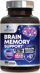 Nature's Nutrition Brain Memory Supplement bottle with capsules for sharper focus