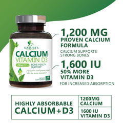Nature's Nutrition Calcium 1200 mg with D3 label closeup shows potency.