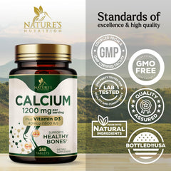 Label detail shows calcium 1200 mg and vitamin D3 for bone health