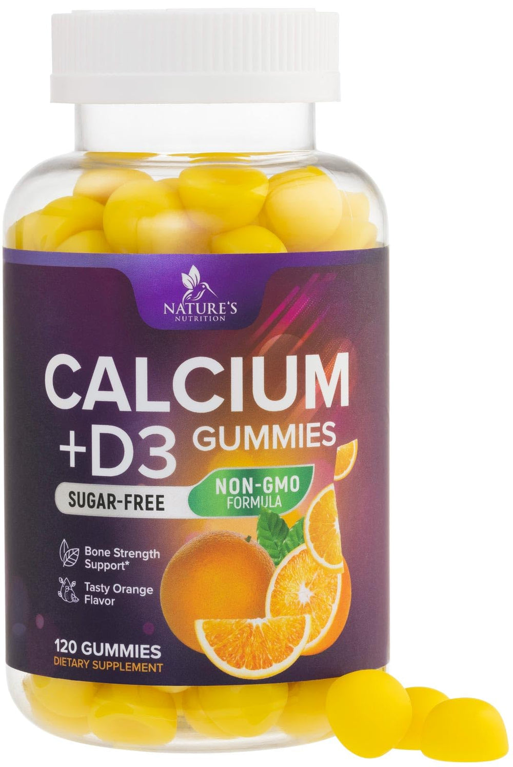 Nature's Nutrition Calcium Gummies bottle showing sugar-free formula with 400 IU D3 for bone health support.