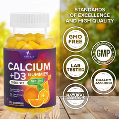 Nature's Nutrition Calcium Gummies vitamin D3 label close-up, highlighting enhanced calcium uptake.