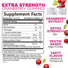 Nature's Nutrition Cranberry Gummies bottle back with nutrition details and vitamin C benefits.