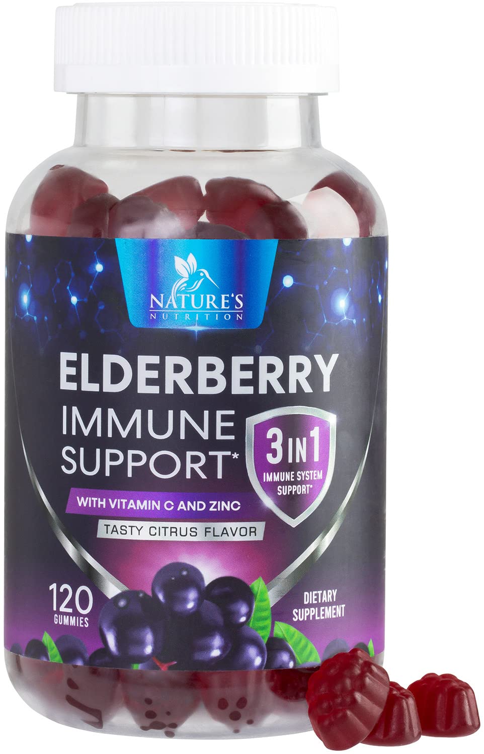 Nature's Nutrition elderberry gummies in bottle showing berry flavor and immune support